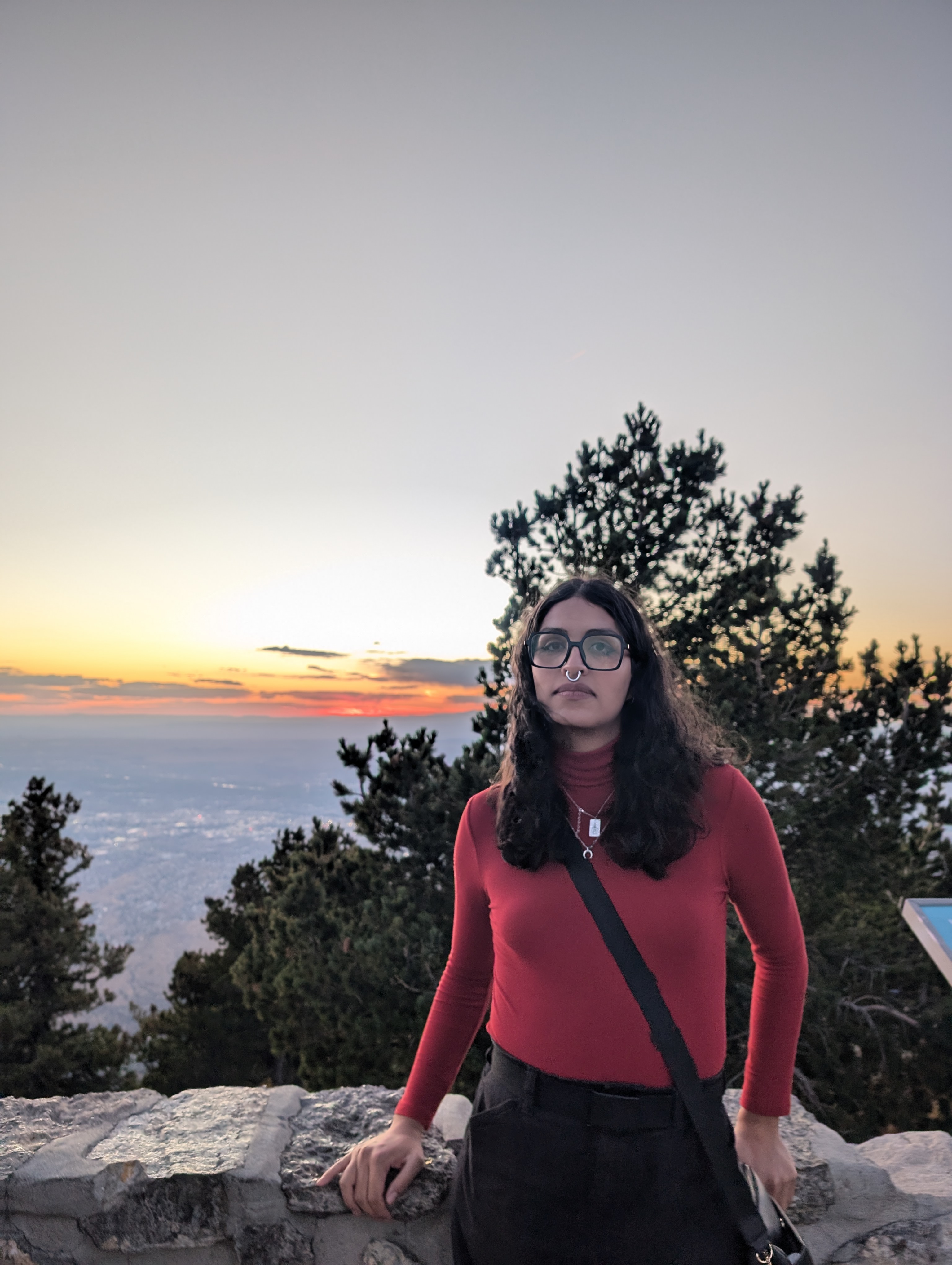 Marin leans against a rock wall in front of trees and a sunset